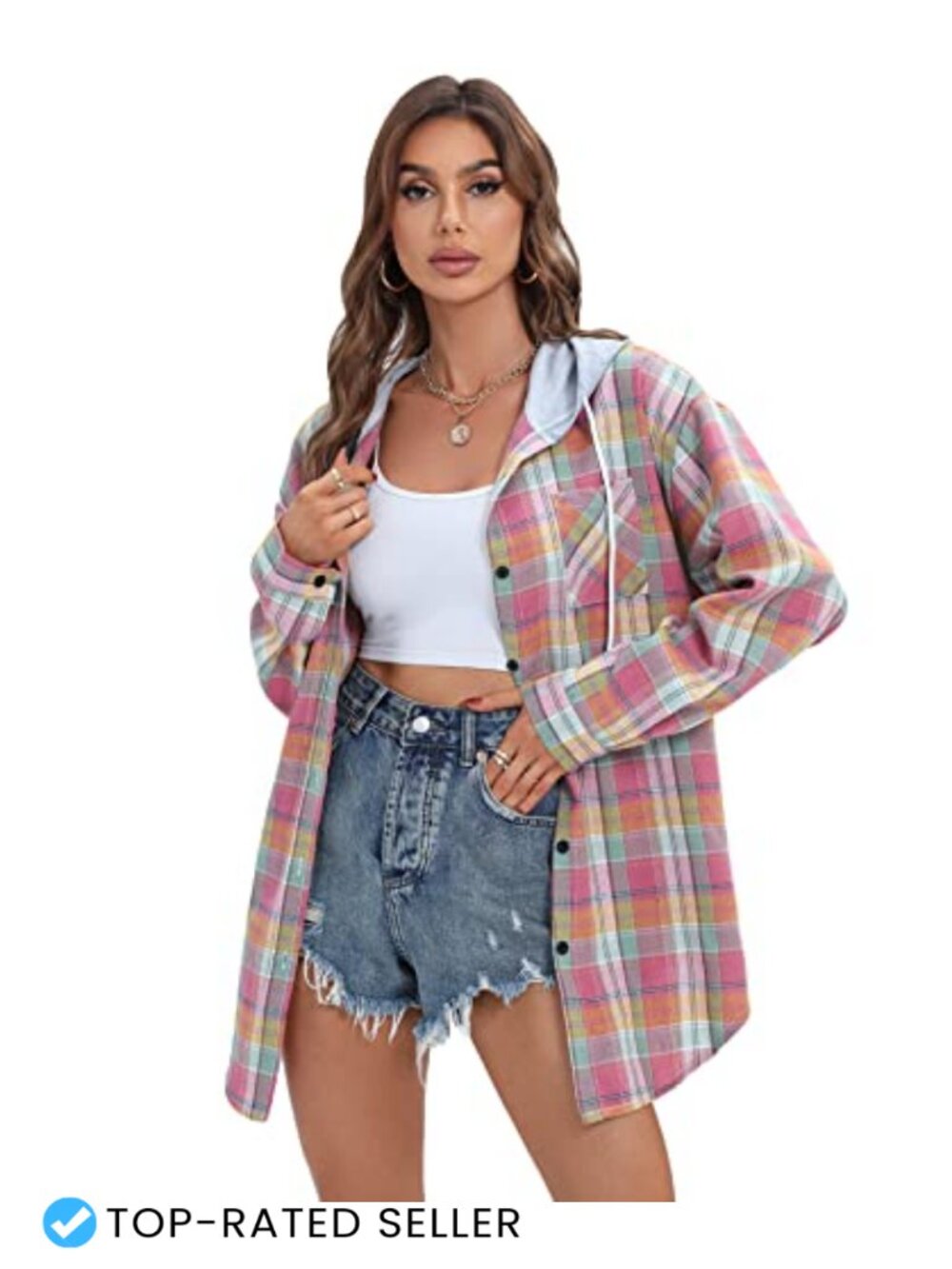 Women's Oversized Plaid Flannel Hoodie Shirt Jacket Long Sleeve Button Down